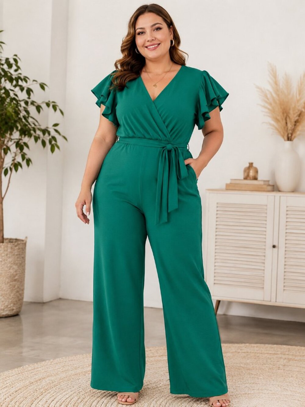 MSK Emerald Green Wide Leg Jumpsuit 1X Flutter Sleeve Belted Stretch Jumpsuit